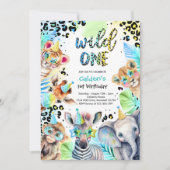 ワイルドワンサファリボーイブルーレオパード誕生日パーティー 招待状 (正面)