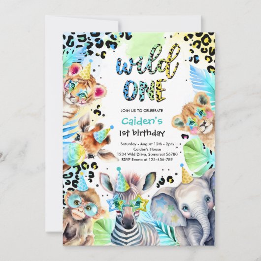 ワイルドワンサファリボーイブルーレオパード誕生日パーティー 招待状 (正面)
