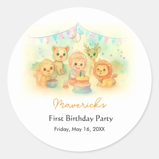 ワイルドワンサファリボーイ1歳の誕生日ジャングルパーティー ラウンドシール (正面)