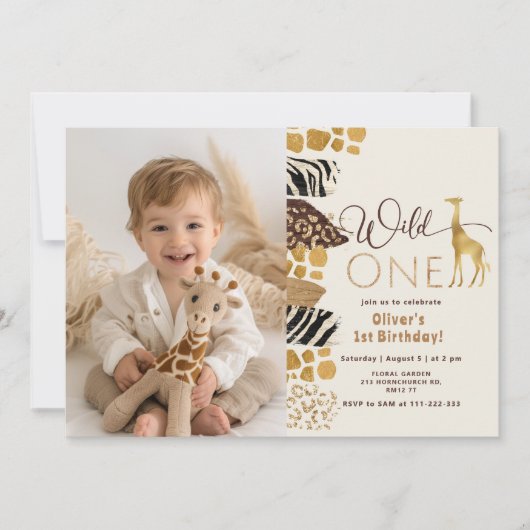ワイルドワンサファリボーイ1st誕生日キリン写真 招待状 (正面)