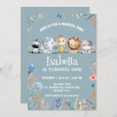 ワイルドワンサファリ動物のジャングルフローラ誕生日名 招待状 (正面/裏面)