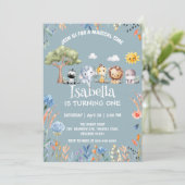 ワイルドワンサファリ動物のジャングルフローラ誕生日名 招待状 (スタンド正面)