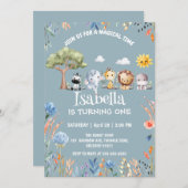 ワイルドワンサファリ動物のジャングルフローラ誕生日名 招待状 (正面/裏面)