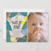 ワイルドワンサファリ動物の少年の写真1歳の誕生日 招待状 (正面)