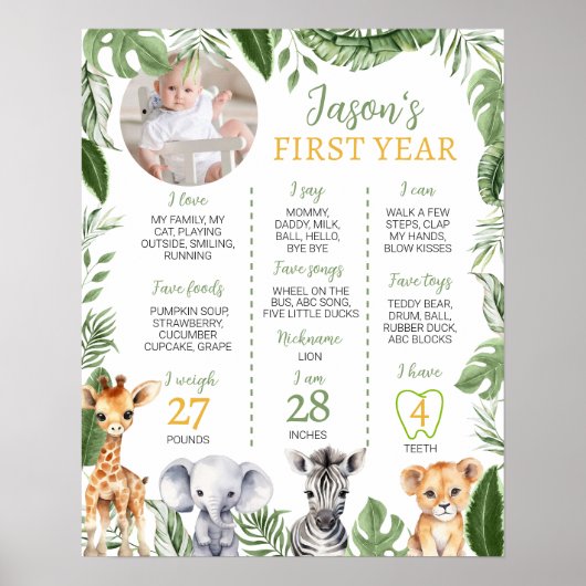 ワイルドワンサファリ動物の最初の誕生日マイルストーンサイン ポスター (正面)