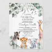 ワイルドワンサファリ動物の緑のベビーシャワー 招待状 (正面/裏面)