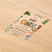 ワイルドワンサファリ動物の緑の赤ちゃんシャワー アクリル招待状 (レイダウン)