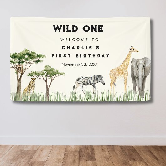 ワイルドワンサファリ動物の誕生日ウェルカム 横断幕