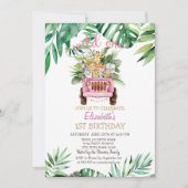 ワイルドワンサファリ動物の車葉、1歳の誕生日 招待状 (正面)