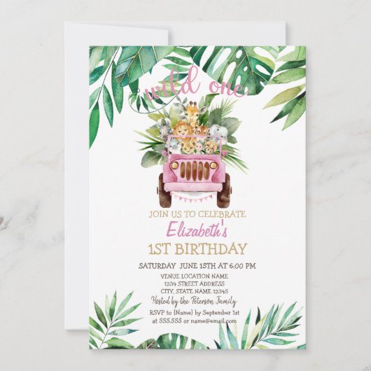 ワイルドワンサファリ動物の車葉、1歳の誕生日 招待状 (正面)