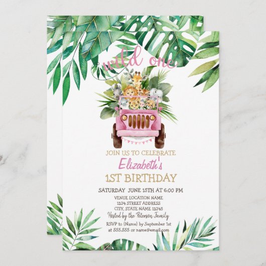 ワイルドワンサファリ動物の車葉、1歳の誕生日 招待状 (正面/裏面)