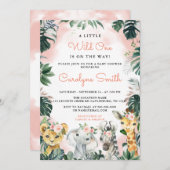 ワイルドワンサファリ動物ガールベビーシャワー招待 招待状 (正面/裏面)