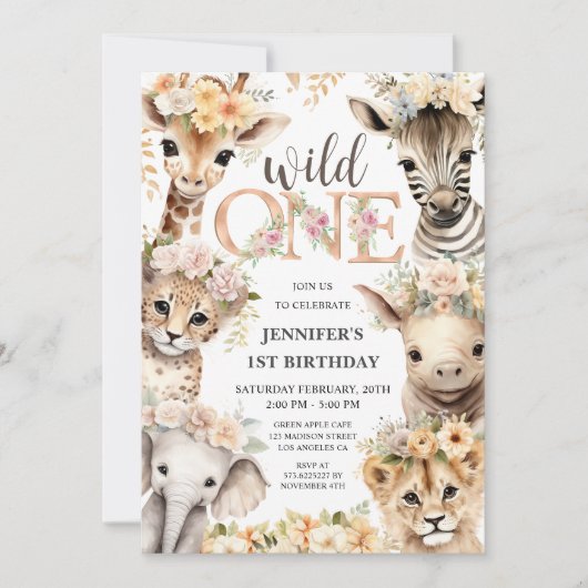 ワイルドワンサファリ動物ガール1st誕生日 招待状 (正面)