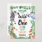 ワイルドワンサファリ動物キッズ1st誕生日 インビテーションポストカード (正面/裏面)