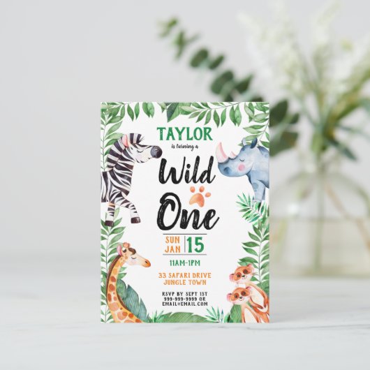 ワイルドワンサファリ動物キッズ1st誕生日 インビテーションポストカード (スタンド正面)