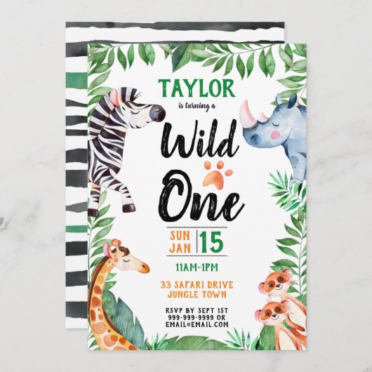 ワイルドワンサファリ動物キッズ1st誕生日 招待状 (正面/裏面)