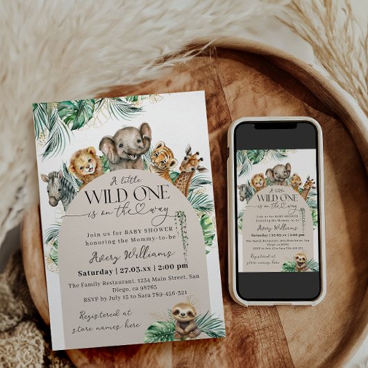 ワイルドワンサファリ動物ジャングルベビーモダンシャワー 招待状