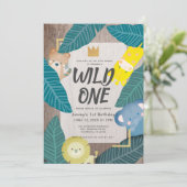 ワイルドワンサファリ動物ジャングルボーイ1歳の誕生日 招待状 (スタンド正面)