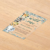 ワイルドワンサファリ動物セージ緑のベビーシャワー アクリル招待状 (レイダウン)