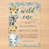 ワイルドワンサファリ動物セージ緑のベビーシャワー アクリル招待状 (正面)