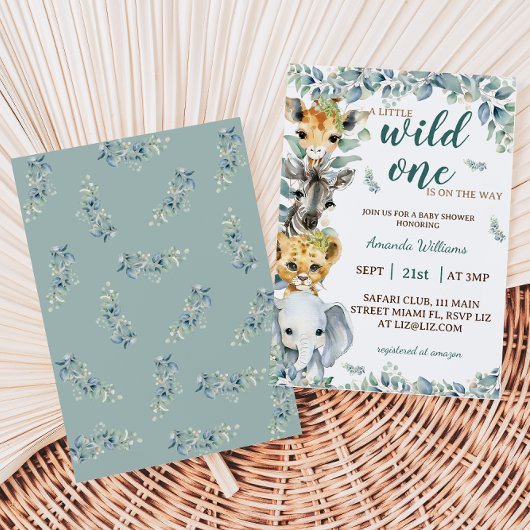 ワイルドワンサファリ動物セージ緑のベビーシャワー 招待状