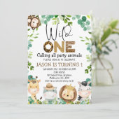 ワイルドワンサファリ動物パーティー動物1日の誕生日 招待状 (スタンド正面)