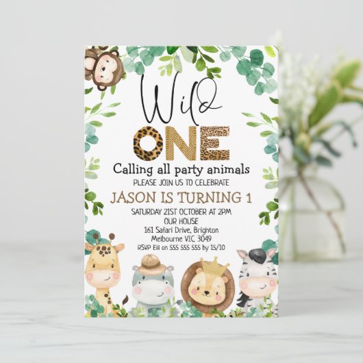 ワイルドワンサファリ動物パーティー動物1日の誕生日 招待状 (スタンド正面)
