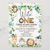 ワイルドワンサファリ動物パーティー動物1日の誕生日 招待状 (正面/裏面)