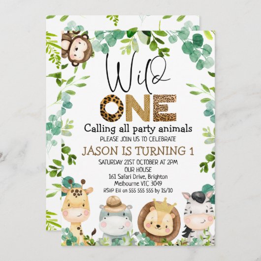 ワイルドワンサファリ動物パーティー動物1日の誕生日 招待状 (正面/裏面)