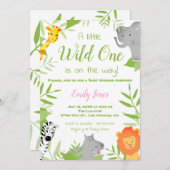 ワイルドワンサファリ動物ベビーシャワーガール 招待状 (正面/裏面)