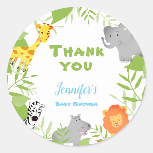 ワイルドワンサファリ動物ベビーシャワーボーイシール ラウンドシール (正面)