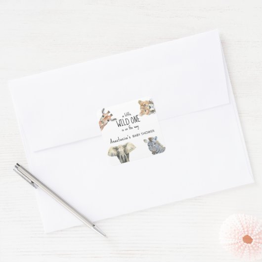 ワイルドワンサファリ動物ベビーシャワー スクエアシール (封筒)