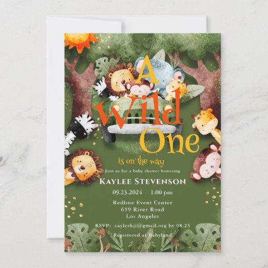 ワイルドワンサファリ動物ベビーシャワー 招待状 (正面)