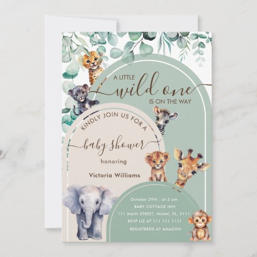 ワイルドワンサファリ動物ベビーシャワー 招待状 (正面)