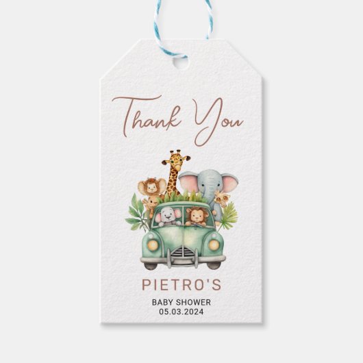 ワイルドワンサファリ動物ボーイベビーシャワー ギフトタグ (正面)