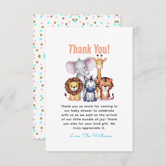 ワイルドワンサファリ動物ボーイベビーシャワー サンキューカード (正面/裏面)