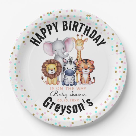 ワイルドワンサファリ動物ボーイベビーシャワー ペーパープレート (正面)