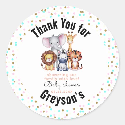ワイルドワンサファリ動物ボーイベビーシャワー ラウンドシール (正面)