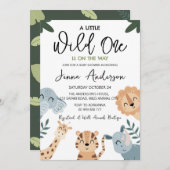 ワイルドワンサファリ動物ボーイベビーシャワー 招待状 (正面/裏面)