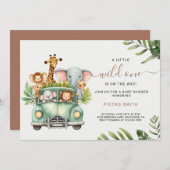 ワイルドワンサファリ動物ボーイベビーシャワー 招待状 (正面/裏面)