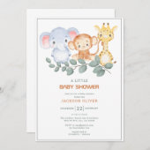 ワイルドワンサファリ動物ボーイベビーシャワー 招待状 (正面/裏面)