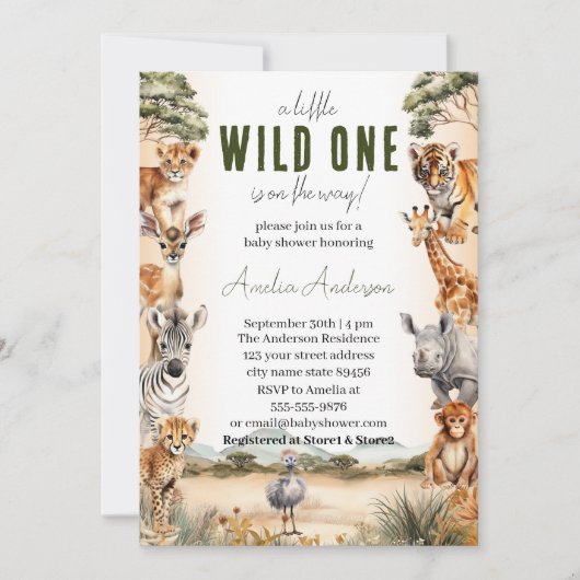 ワイルドワンサファリ動物ボーイベビーシャワー 招待状 (正面)