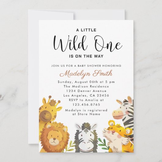 ワイルドワンサファリ動物ボーイベビーシャワー 招待状 (正面)