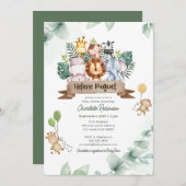 ワイルドワンサファリ動物ボーイベビーシャワー 招待状 (正面/裏面)