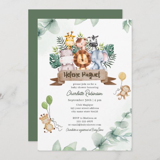 ワイルドワンサファリ動物ボーイベビーシャワー 招待状 (正面/裏面)