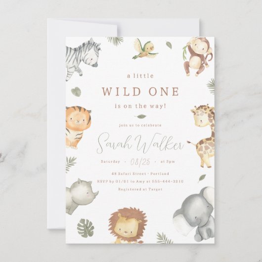 ワイルドワンサファリ動物ボーイベビーシャワー 招待状 (正面)