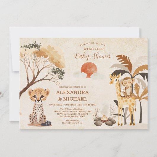 ワイルドワンサファリ動物ボーイベビーシャワー 招待状 (正面)
