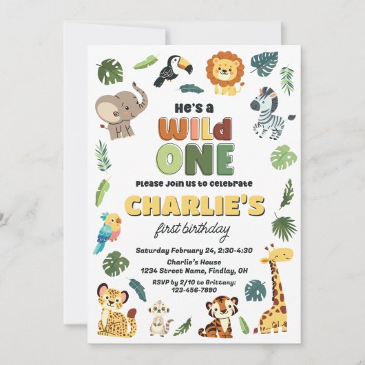 ワイルドワンサファリ動物園の動物の誕生日パーティー任意の年齢 招待状 (正面)