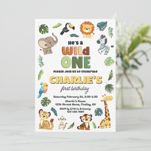ワイルドワンサファリ動物園の動物の誕生日パーティー任意の年齢 招待状 (スタンド正面)