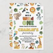ワイルドワンサファリ動物園の動物の誕生日パーティー任意の年齢 招待状 (正面/裏面)